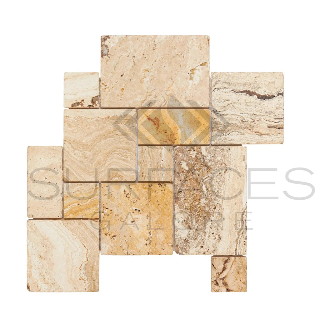 Valencia Travertine Micro-Pattern (Mini-Versailles) Mosaic Tumbled