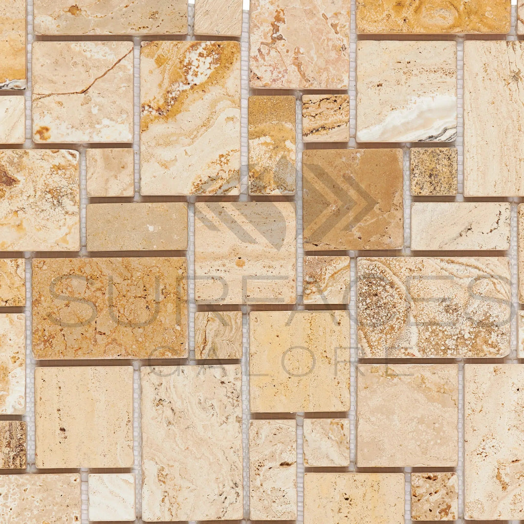 Valencia Travertine OPUS Mini - Pattern (4 pcs.) Mosaic (Interlocking) Mosaic Tumbled - SurfacesGalore