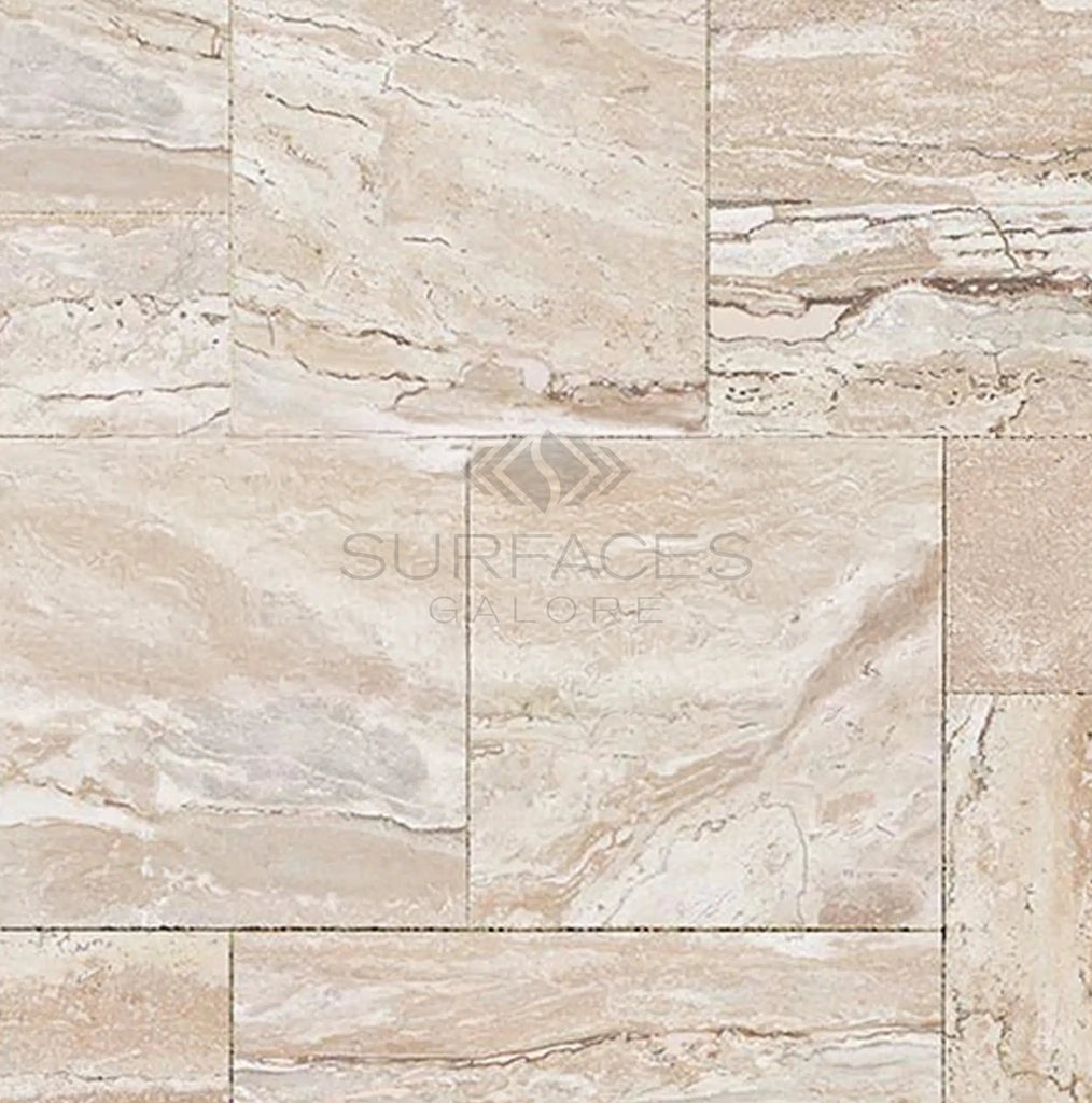 Valerenga Premium Travertine 4 pcs Versailles Pattern/French Pattern Set Unfilled and Brushed - Chiseled - SurfacesGalore