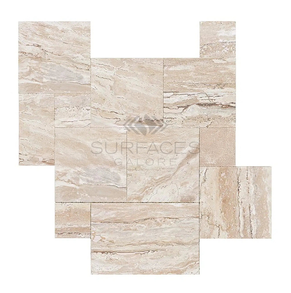 Valerenga Premium Travertine 4 pcs Versailles Pattern/French Pattern Set Unfilled and Brushed - Chiseled - SurfacesGalore