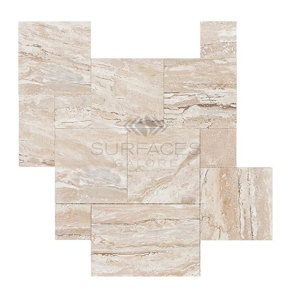 Valerenga Premium Travertine 4 pcs Versailles Pattern/French Pattern Set Unfilled and Brushed - Chiseled - SurfacesGalore