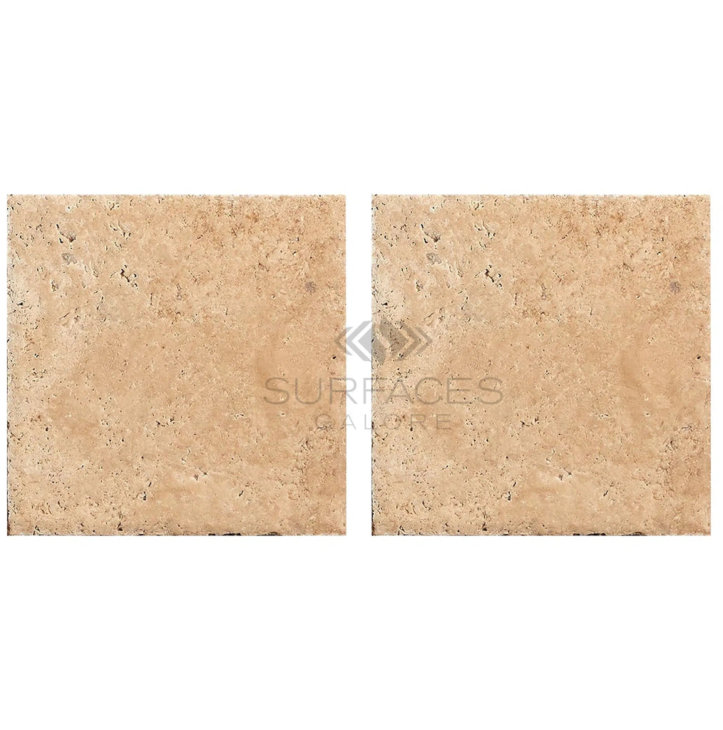 Walnut Travertine 16X16 Unfilled, Brushed and Chiseled - Edge - SurfacesGalore