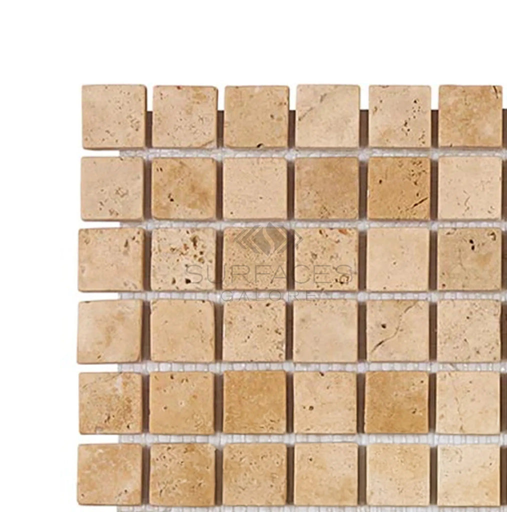 Walnut Travertine 1X1 Mosaic Tile Tumbled - SurfacesGalore