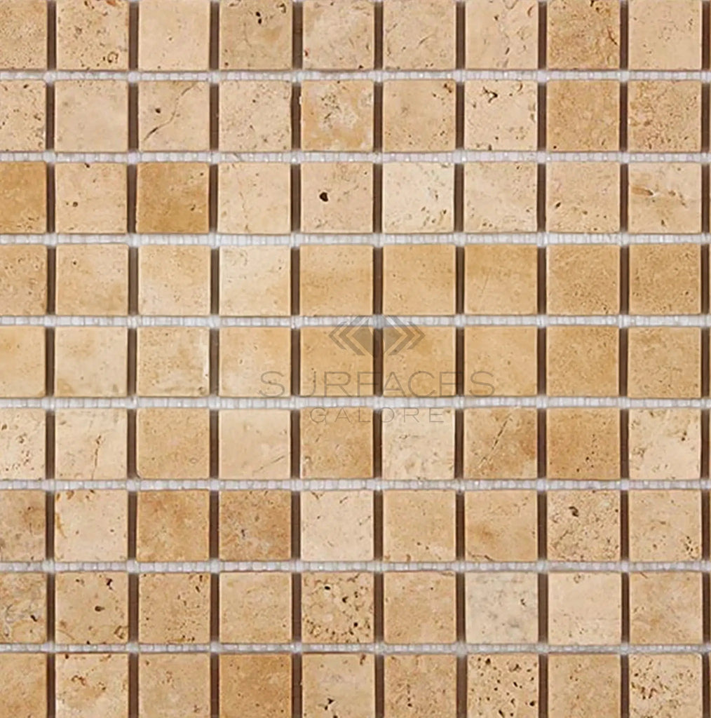 Walnut Travertine 1X1 Mosaic Tile Tumbled - SurfacesGalore