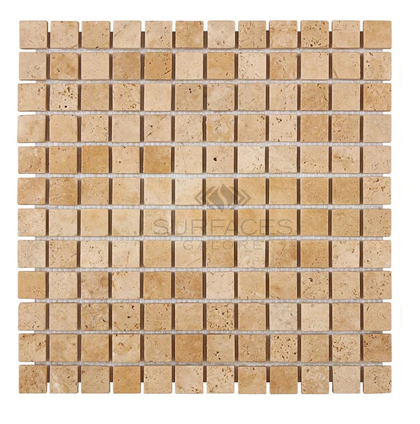 Walnut Travertine 1X1 Mosaic Tile Tumbled - SurfacesGalore