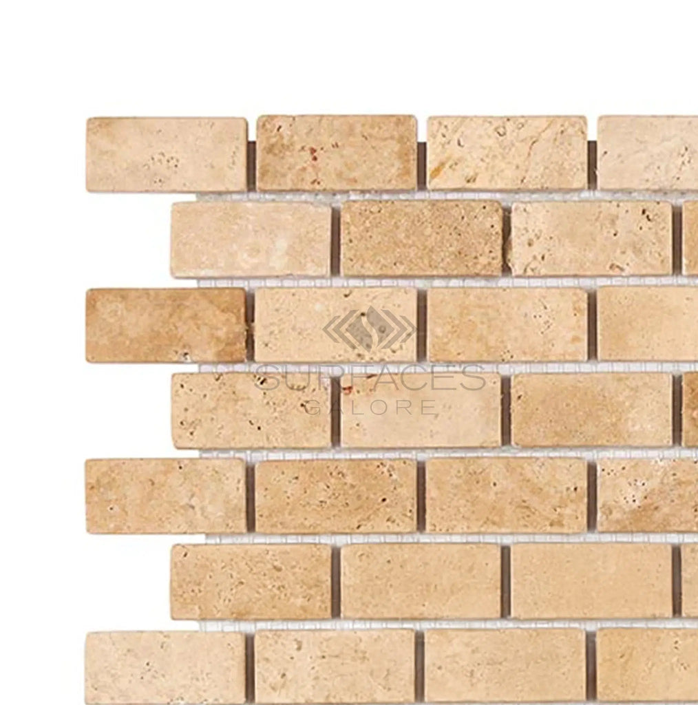 Walnut Travertine 1X2 Brick Mosaic Tile Tumbled - SurfacesGalore