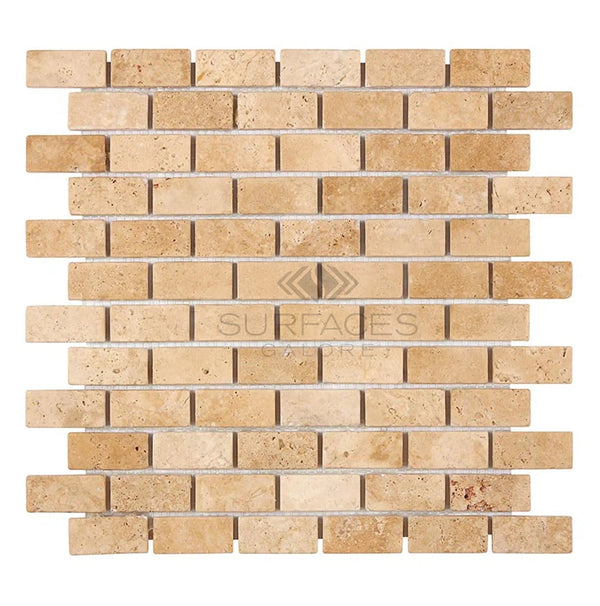 Walnut Travertine 1X2 Brick Mosaic Tile Tumbled - SurfacesGalore