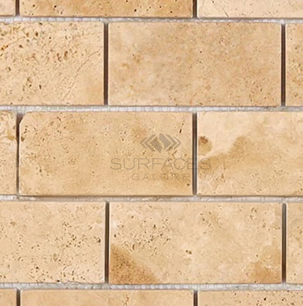 Walnut Travertine 2X4 Brick Mosaic Tile Tumbled - SurfacesGalore