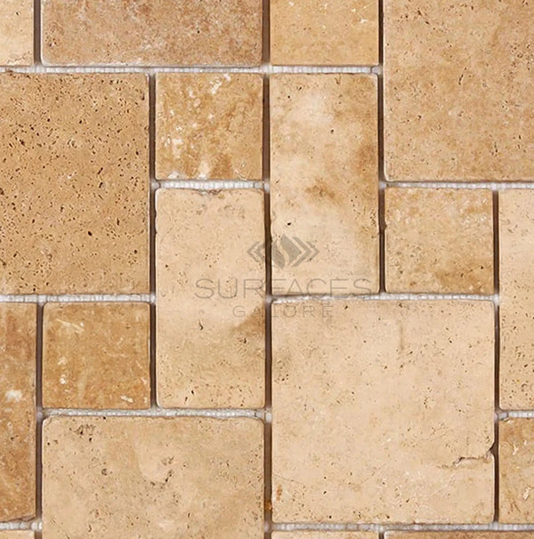 Walnut Travertine 3 - pcs. Mini - Pattern Mosaic (Non - Interlocking) Mosaic Tile Tumbled - SurfacesGalore