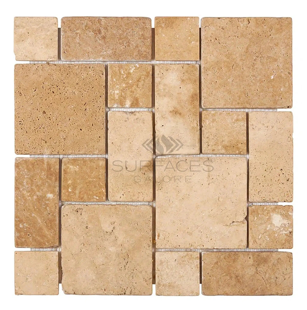 Walnut Travertine 3-pcs. Mini-Pattern Mosaic (Non-Interlocking) Mosaic Tile Tumbled