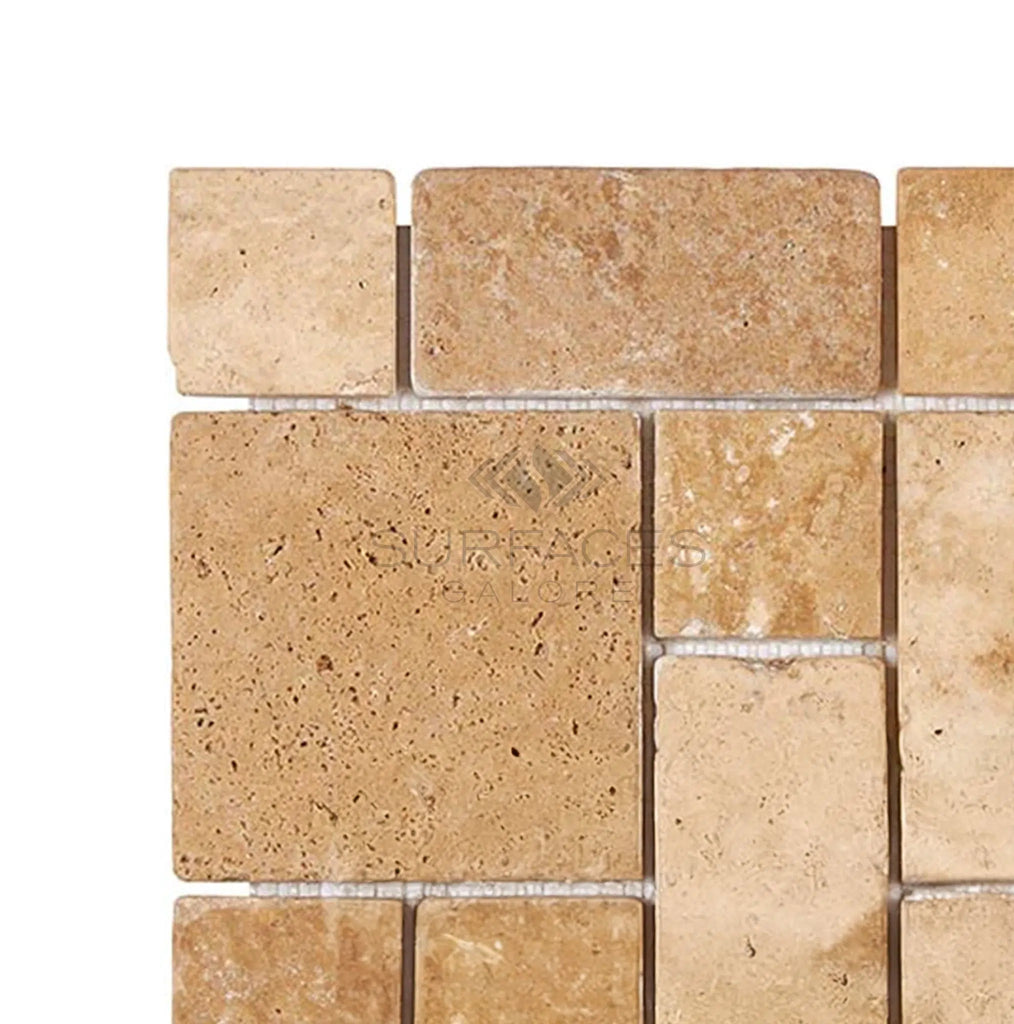 Walnut Travertine 3 - pcs. Mini - Pattern Mosaic (Non - Interlocking) Mosaic Tile Tumbled - SurfacesGalore