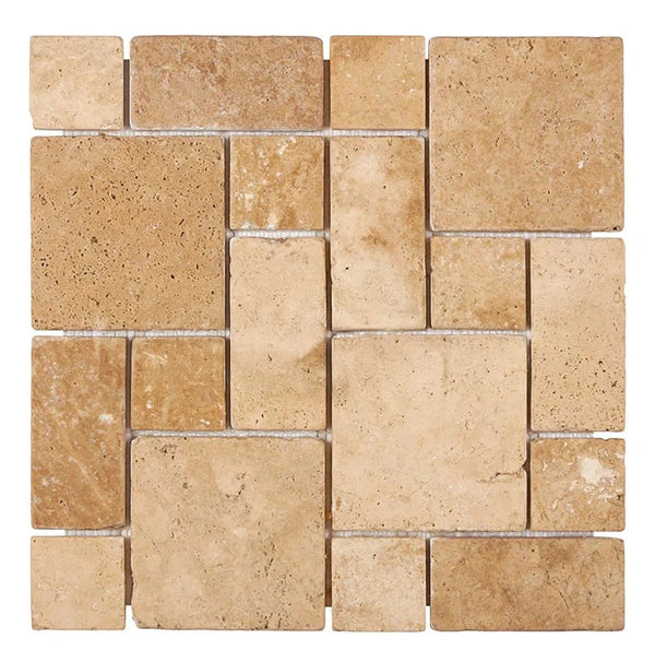 Walnut Travertine 3-pcs. Mini-Pattern Mosaic (Non-Interlocking) Mosaic Tile Tumbled