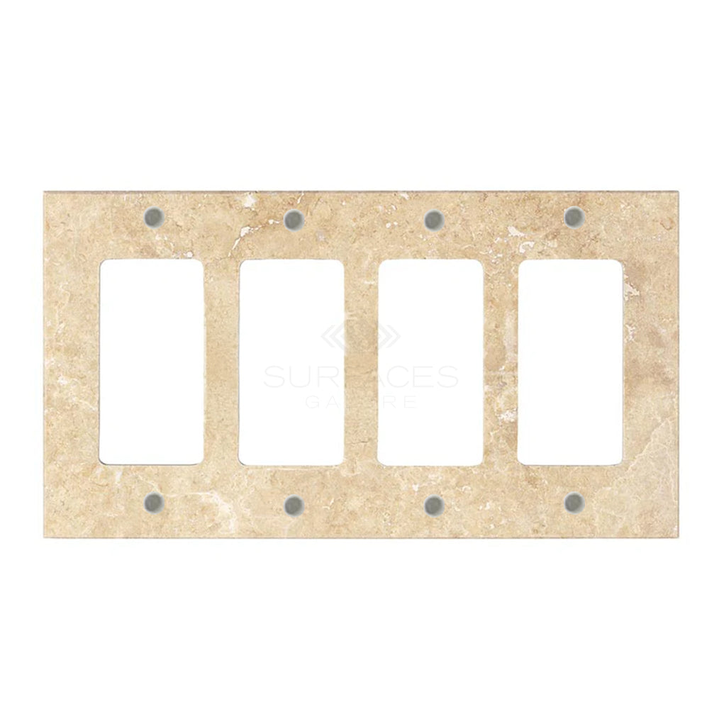 Walnut Travertine 4 Gang ROCKER Switch Wall Plate/Cover Plate/Switch Plate by SurfacesGalore, featuring a natural stone texture and four rectangular switch openings.