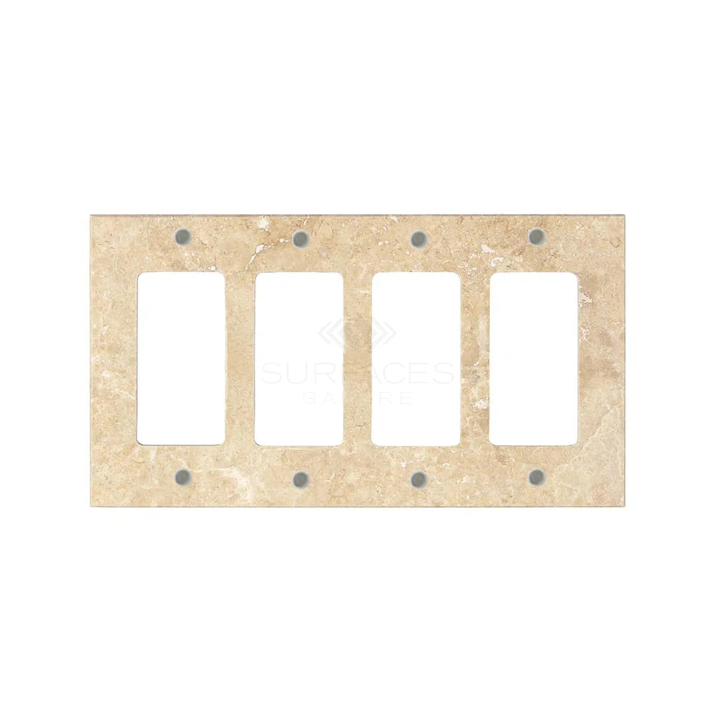 A Walnut Travertine 4 Gang ROCKER Switch Wall Plate/Cover Plate/Switch Plate by SurfacesGalore, made from natural stone with four rectangular openings and six screw holes, displayed on a white background.