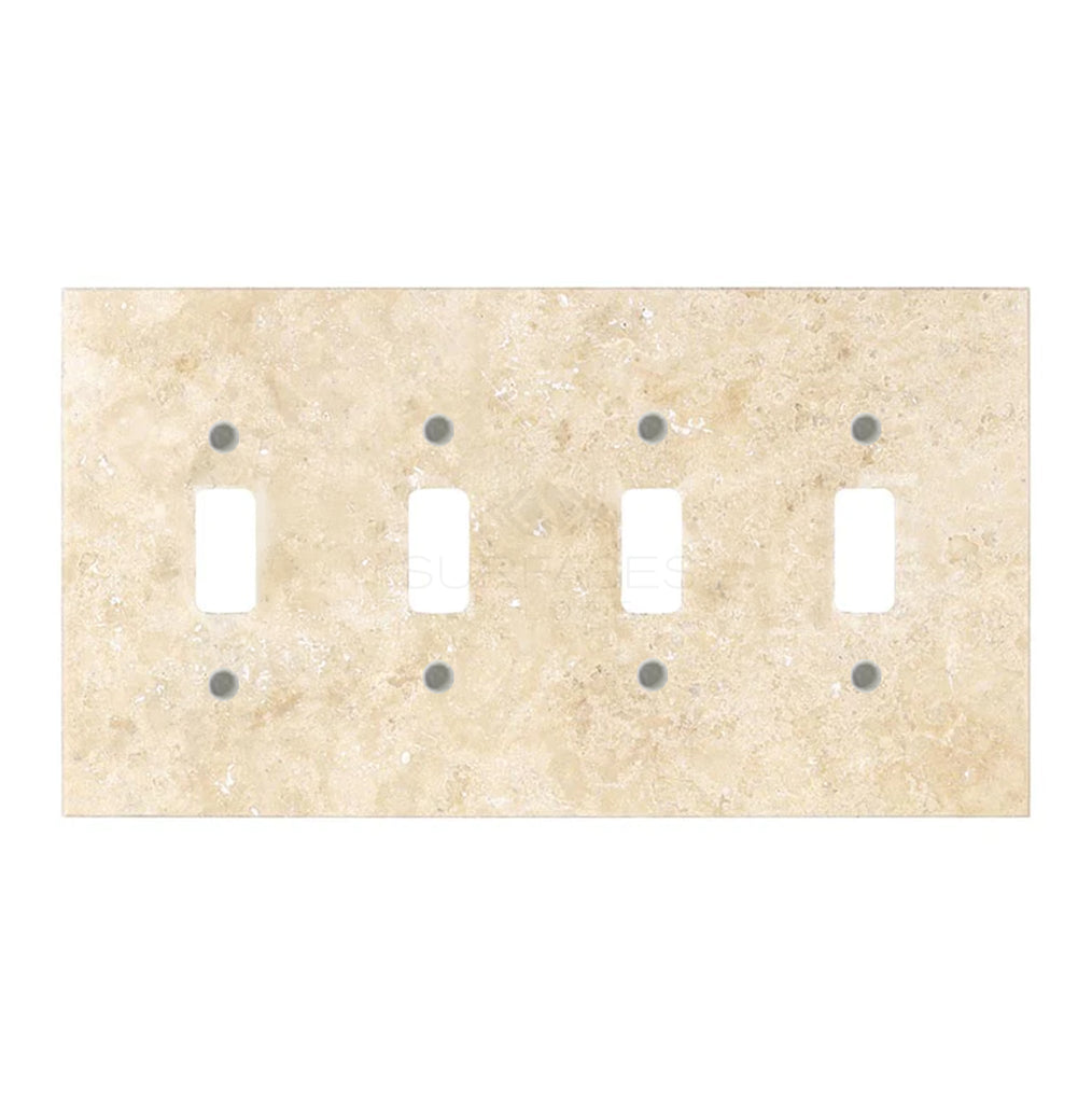 The Walnut Travertine 4 Gang TOGGLE Switch Wall Plate/Cover Plate from SurfacesGalore features a textured, natural stone-like appearance, perfect for adding a touch of luxury to home decor.