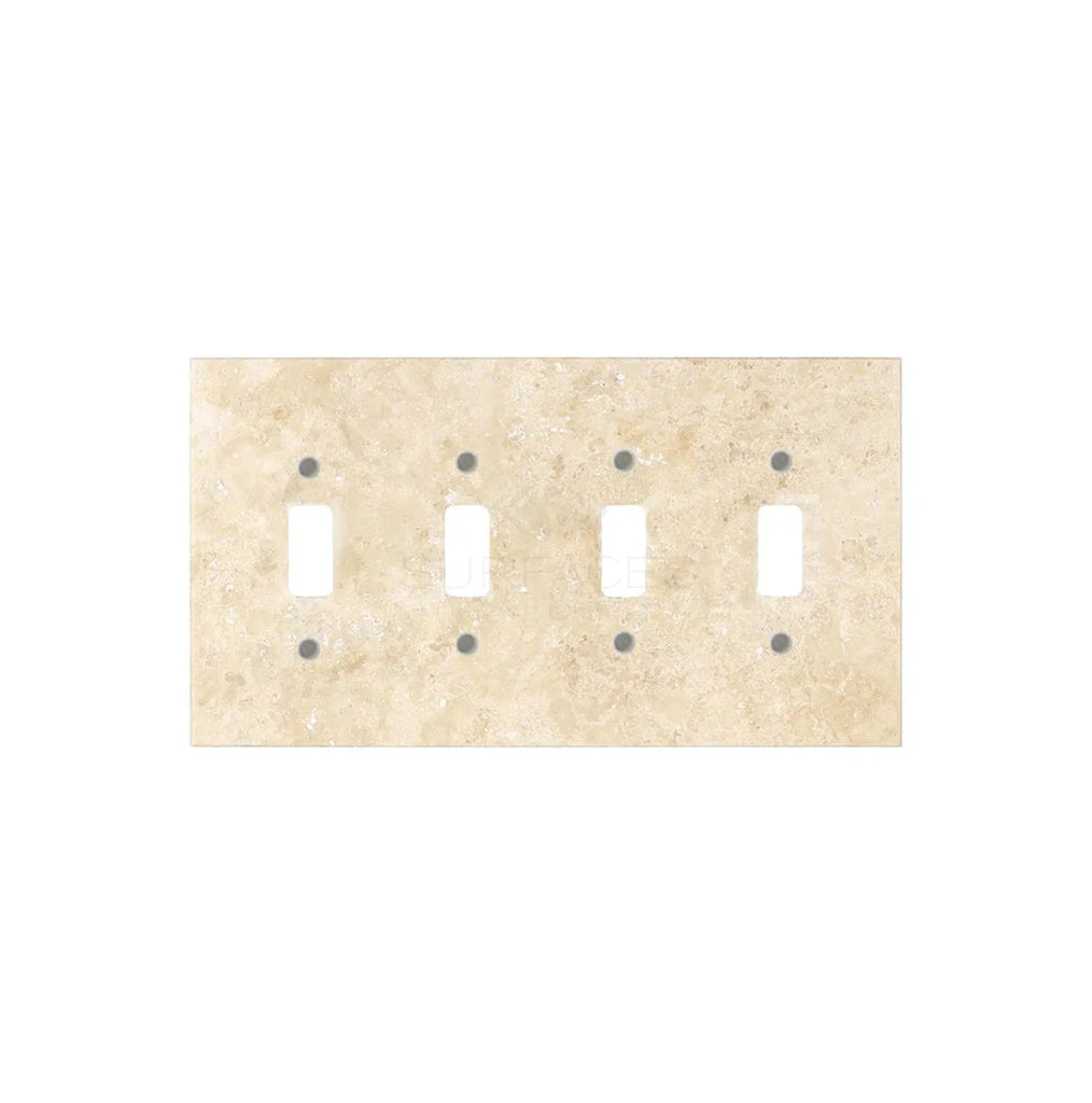 Introducing the Walnut Travertine 4 Gang TOGGLE Switch Wall Plate/Cover Plate from SurfacesGalore: a beige rectangular switch plate with four toggle switch openings and a textured stone-like appearance, ideal for luxury home decor.