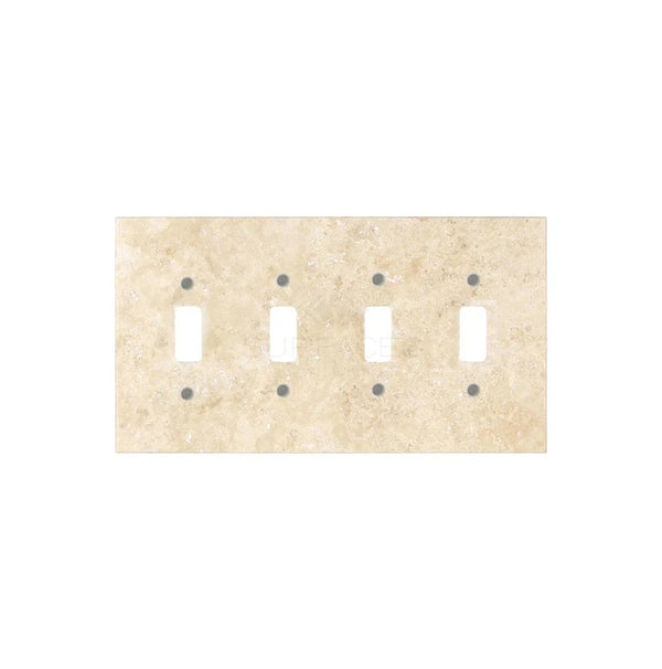 Introducing the Walnut Travertine 4 Gang TOGGLE Switch Wall Plate/Cover Plate from SurfacesGalore: a beige rectangular switch plate with four toggle switch openings and a textured stone-like appearance, ideal for luxury home decor.