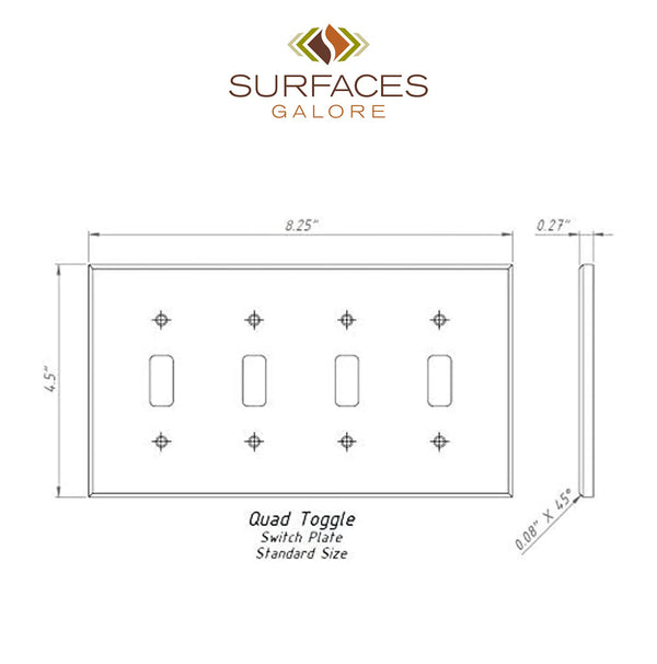 Diagram showing dimensions of an authentic Walnut Travertine 4 Gang Toggle Switch Wall Plate, 8.25" x 4.5", featuring the SurfacesGalore logo.