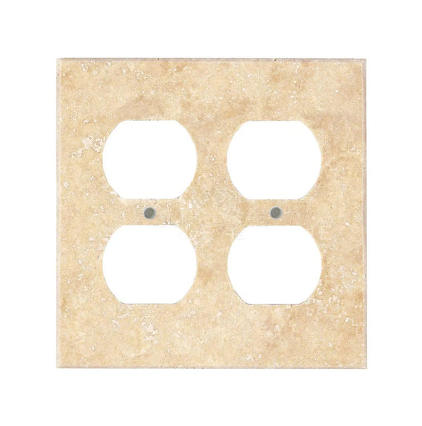 Walnut travertine double duplex switch wall plate from SurfacesGalore, shown against a white background. This elegant marble outlet cover enhances any decor with its natural stone beauty.