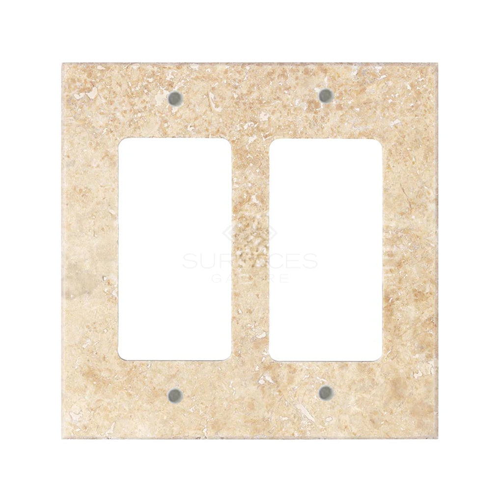 Walnut travertine switch plate cover with two rectangular cutouts and four screw holes, crafted from natural stone by SurfacesGalore.