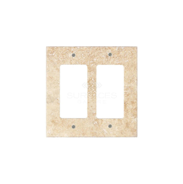 Beige Walnut Travertine Dual Rocker Switch Plate Cover from SurfacesGalore, featuring a natural stone texture and two rectangular openings, resembling a marble wall plate.