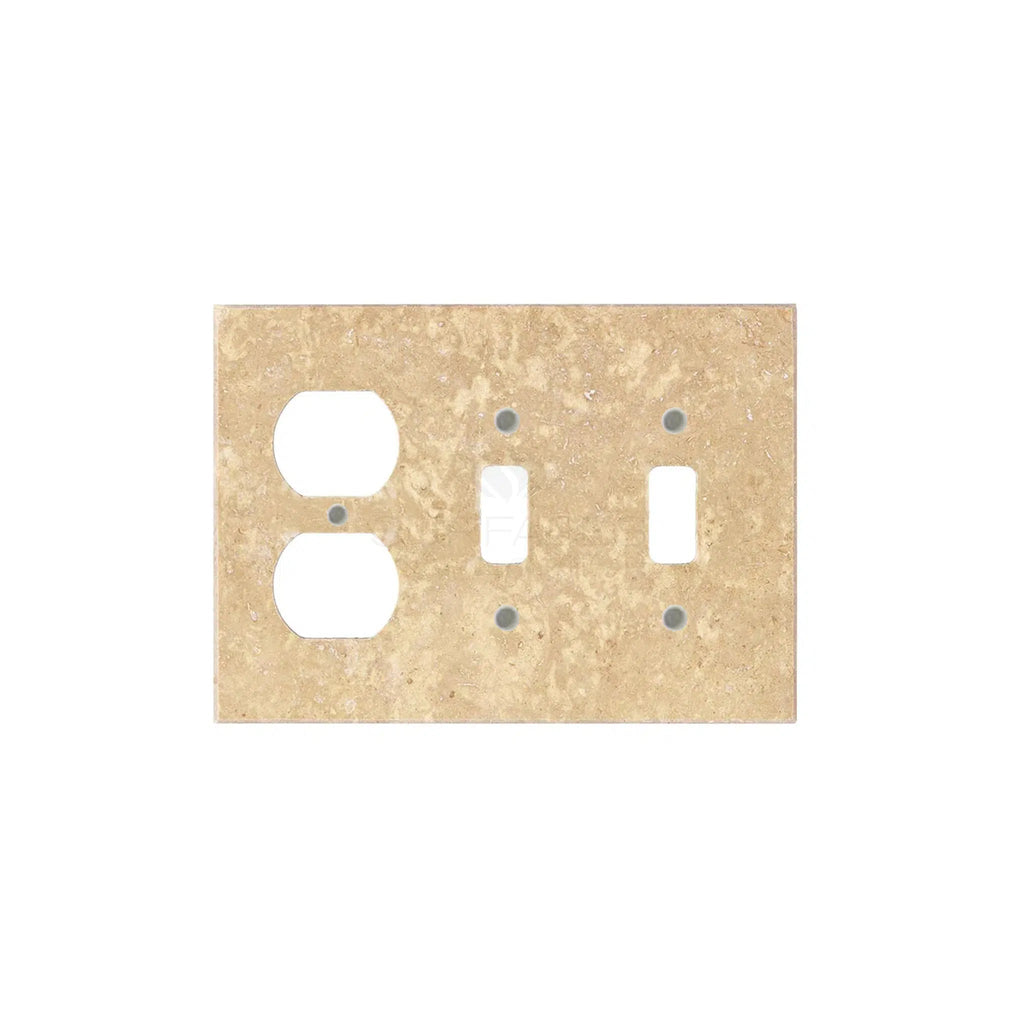 The Walnut Travertine Double TOGGLE - DUPLEX Switch Wall Plate/Cover Plate/Switch Plate by SurfacesGalore features openings for a standard electrical outlet and two toggle light switches. Designed to mimic authentic marble, this wall plate is perfect for those seeking natural stone elegance in their switch plate covers.