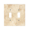 A Walnut Travertine Double TOGGLE Plate Switch Wall Plate by SurfacesGalore, with a beige textured finish resembling authentic marble.