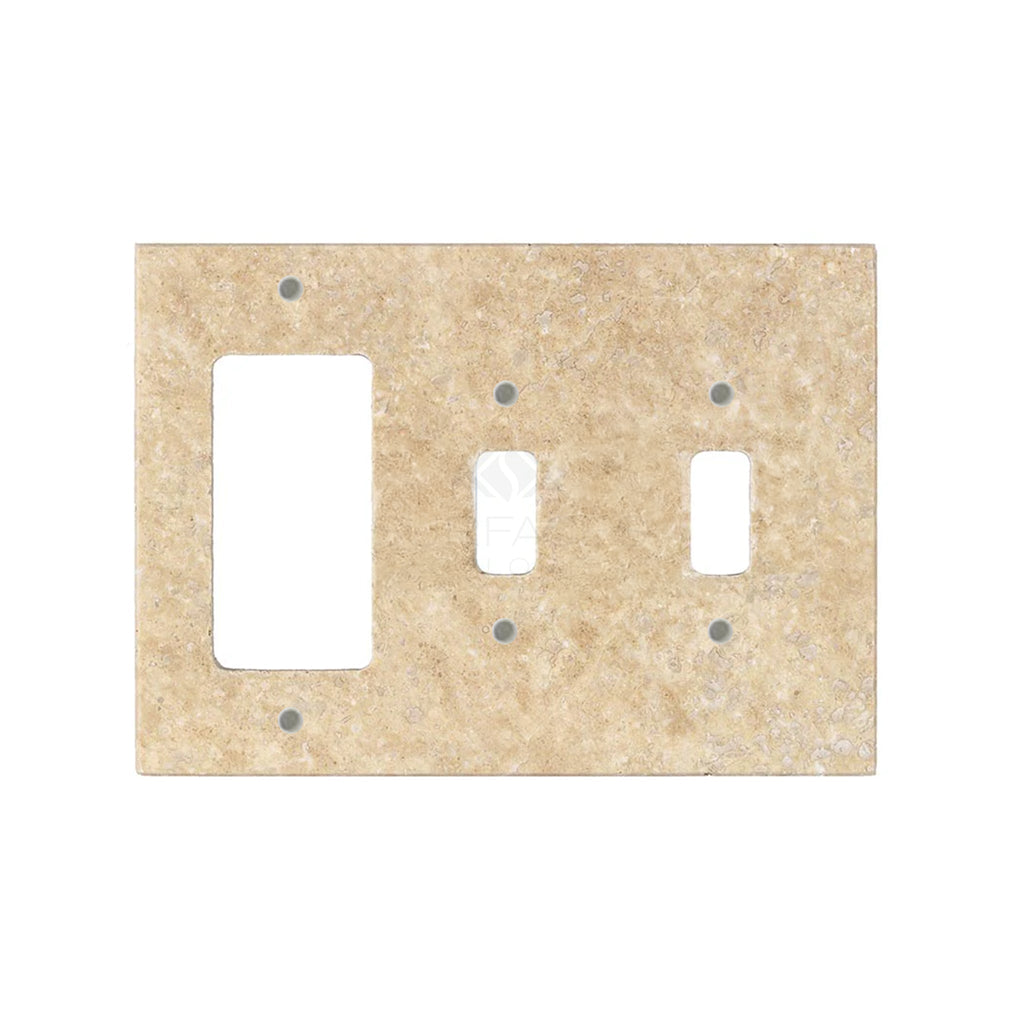 SurfacesGalore's Walnut Travertine Double TOGGLE - ROCKER Switch Wall Plate/Cover Plate/Switch Plate features a stunning stone texture with one rectangular and one circular opening, designed to mimic the elegance of authentic marble wall plates.