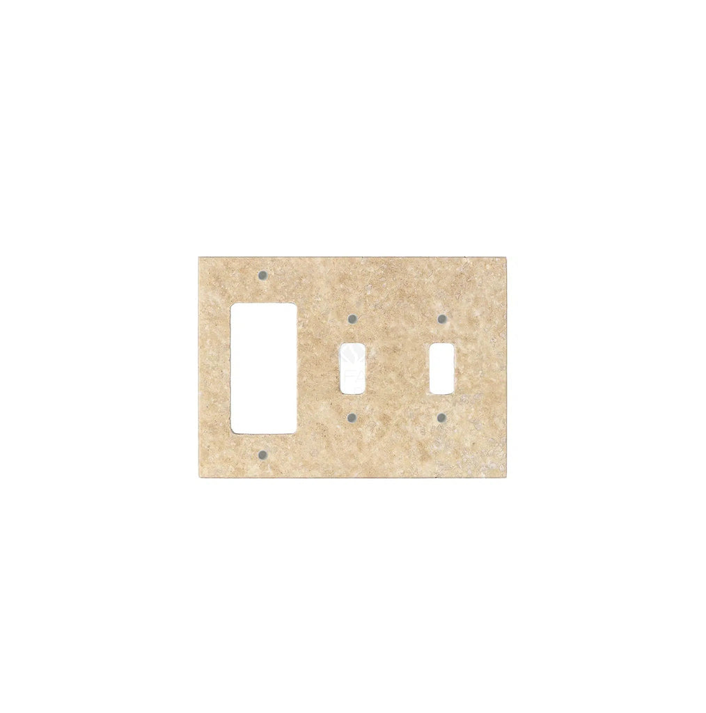 A Walnut Travertine switch cover from SurfacesGalore, designed with a rectangular shape featuring one large and two small cutouts, reminiscent of authentic marble wall plates.