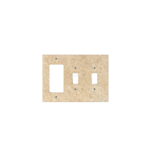 A Walnut Travertine switch cover from SurfacesGalore, designed with a rectangular shape featuring one large and two small cutouts, reminiscent of authentic marble wall plates.