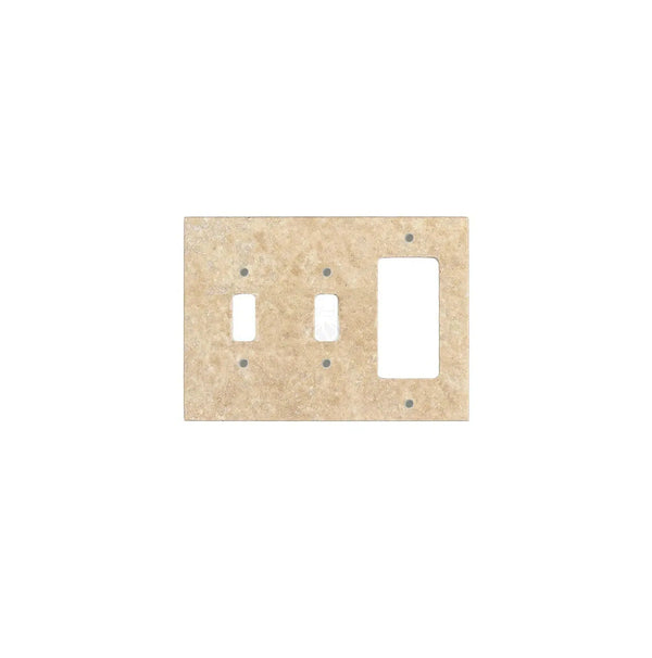 A Walnut Travertine switch cover from SurfacesGalore, designed with a rectangular shape featuring one large and two small cutouts, reminiscent of authentic marble wall plates.