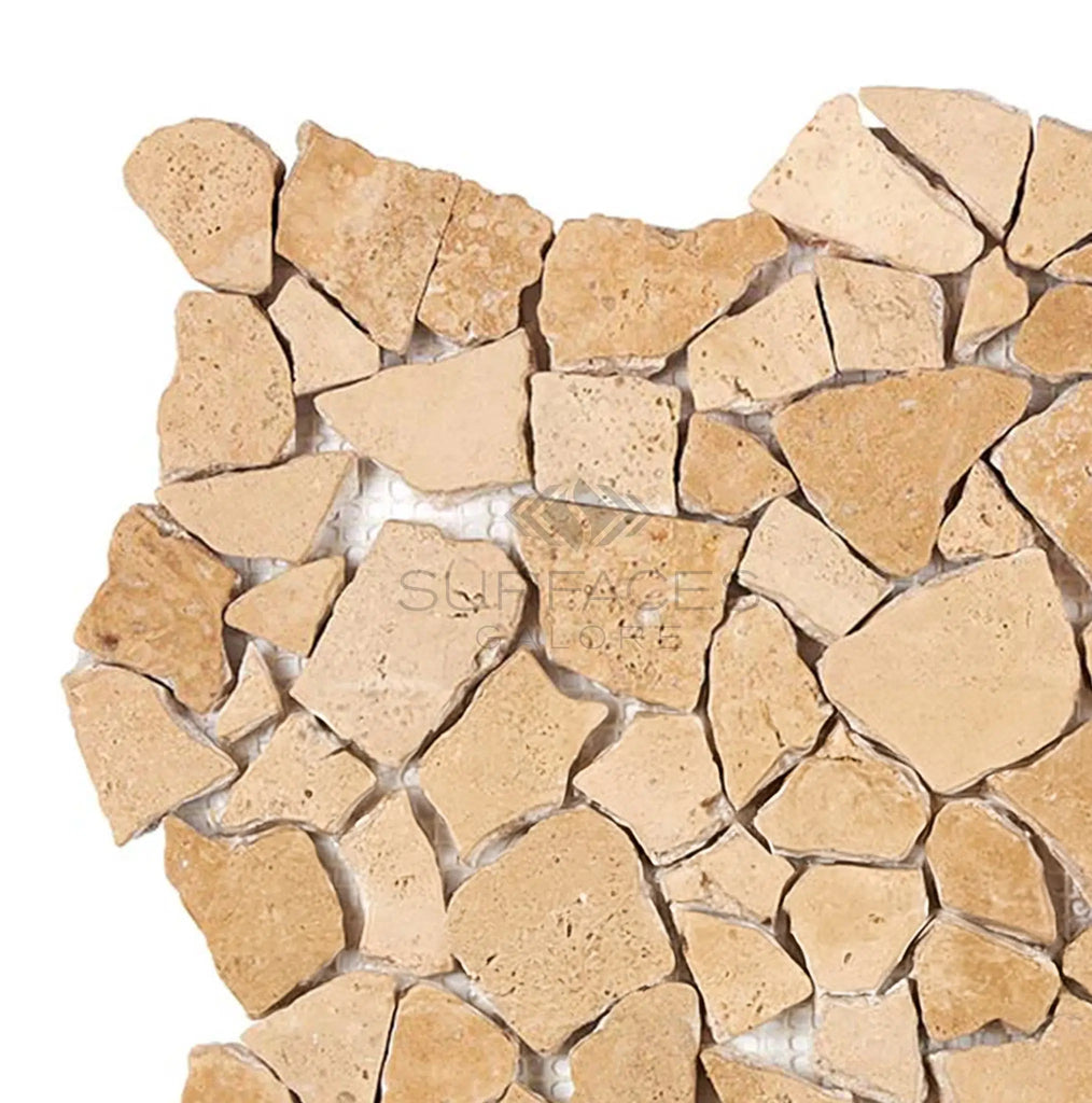 Walnut Travertine Flat Pebble / Paledian (Random Broken) Mosaic Tile Tumbled - SurfacesGalore