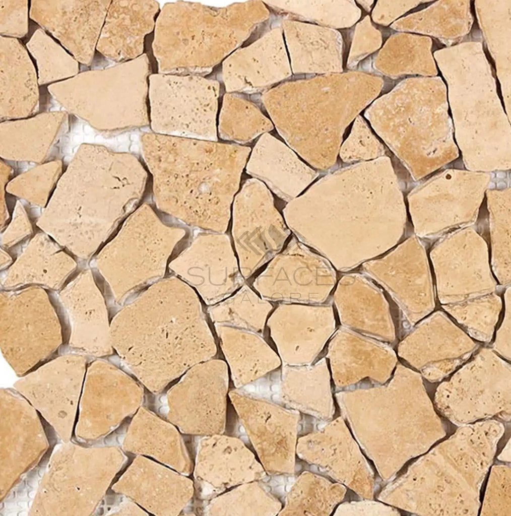 Walnut Travertine Flat Pebble / Paledian (Random Broken) Mosaic Tile Tumbled