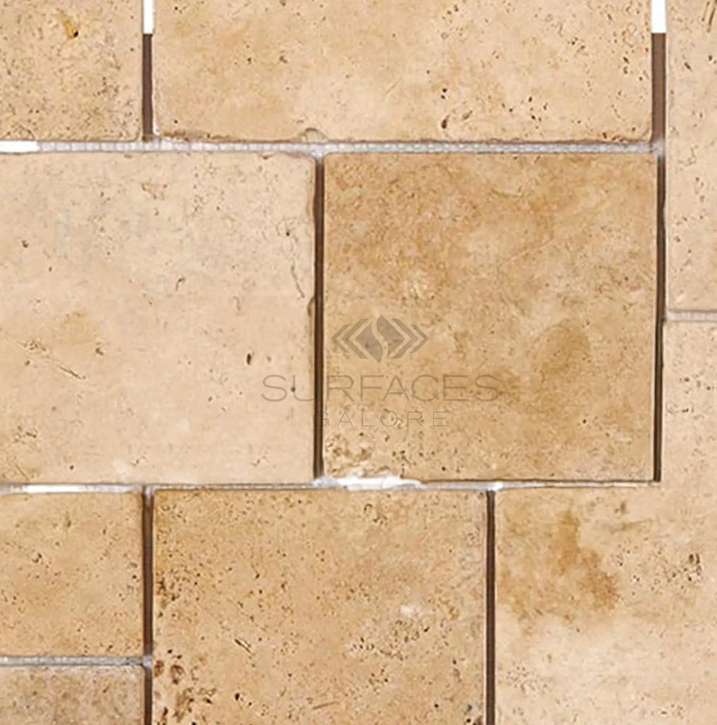 Walnut Travertine OPUS Mini - Pattern (4 pcs.) (Interlocking) Mosaic Tile Tumbled - SurfacesGalore