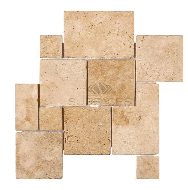 Walnut Travertine OPUS Mini - Pattern (4 pcs.) (Interlocking) Mosaic Tile Tumbled - SurfacesGalore