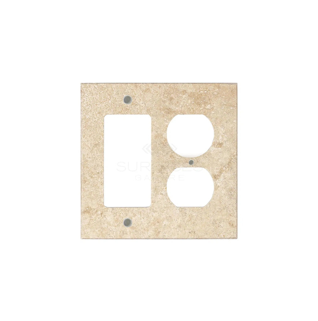 A Walnut Travertine ROCKER - DUPLEX switch wall plate from SurfacesGalore, featuring one rectangular and two circular openings, resembling authentic marble, set against a white background.