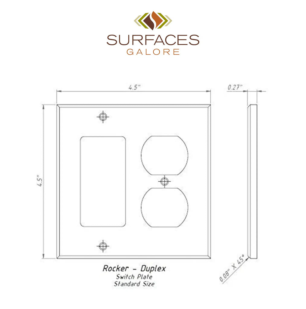 Technical drawing of a Walnut Travertine rocker-duplex switch wall plate with labeled dimensions, from "SurfacesGalore.