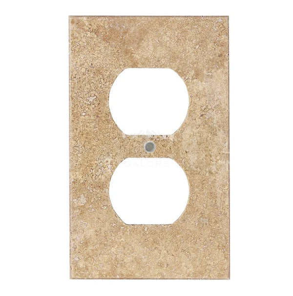 A beige, textured natural stone electrical outlet cover with two openings for sockets from the brand SurfacesGalore – the Walnut Travertine Single DUPLEX Plate Switch Wall Plate/Cover Plate/Switch Plate.