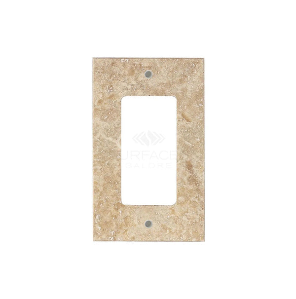 Walnut Travertine Single ROCKER Plate Switch Wall Plate/Cover Plate/Switch Plate by SurfacesGalore, featuring beige natural stone with a single rectangular opening and two screw holes.