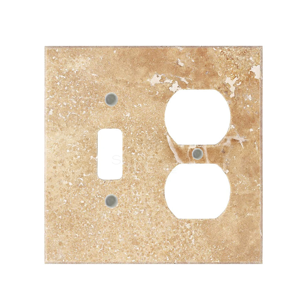 Walnut Travertine switch wall plate by SurfacesGalore with openings for a toggle switch and duplex electrical outlets, crafted from authentic marble.