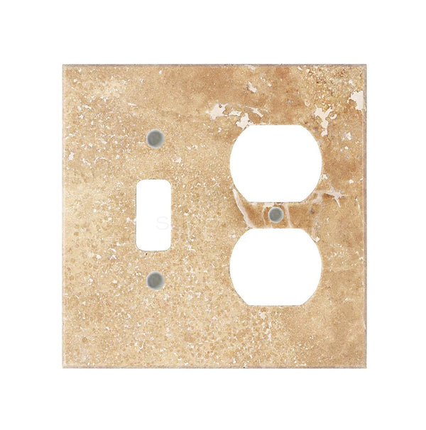 Walnut Travertine switch wall plate by SurfacesGalore with openings for a toggle switch and duplex electrical outlets, crafted from authentic marble.