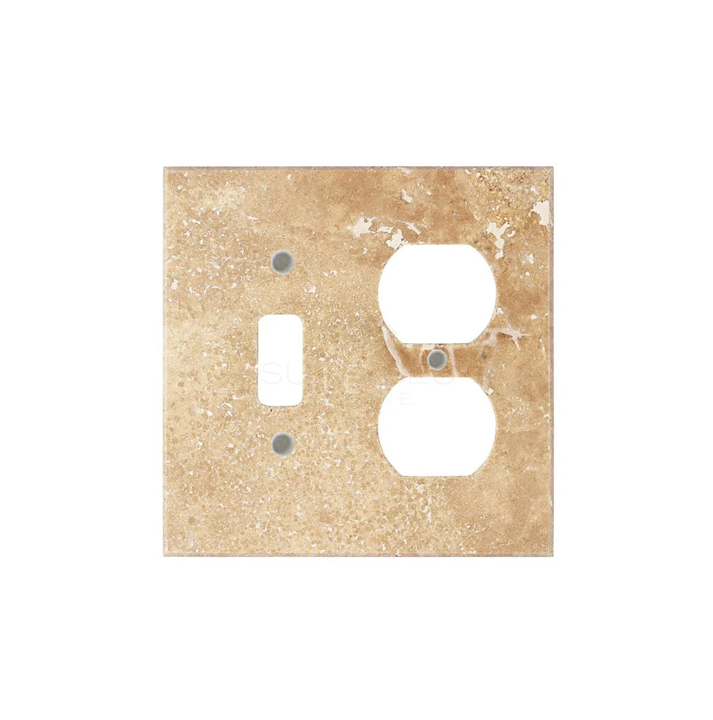 The Walnut Travertine TOGGLE - DUPLEX Switch Wall Plate/Cover Plate/Switch Plate by SurfacesGalore is a brown, speckled stone plate with two outlet openings and one switch opening, perfectly embodying the elegance of authentic marble wall plates.