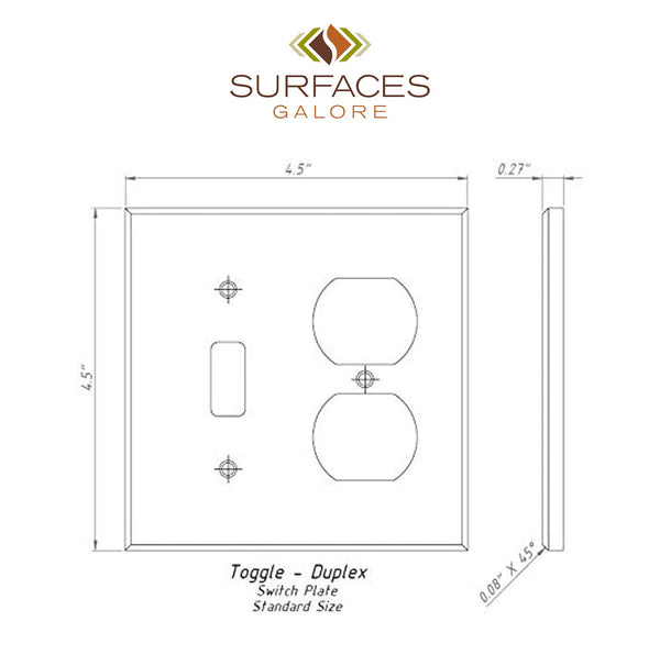 Technical drawing of a Walnut Travertine toggle-duplex switch plate made from natural stone, featuring dimensions and the SurfacesGalore logo above.