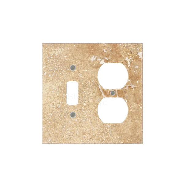 The Walnut Travertine TOGGLE - DUPLEX Switch Wall Plate/Cover Plate/Switch Plate by SurfacesGalore is a brown, speckled stone plate with two outlet openings and one switch opening, perfectly embodying the elegance of authentic marble wall plates.