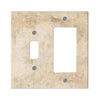 Walnut travertine switch plate cover by SurfacesGalore, made from authentic natural stone, featuring one toggle switch and a rectangular rocker opening for an outlet.