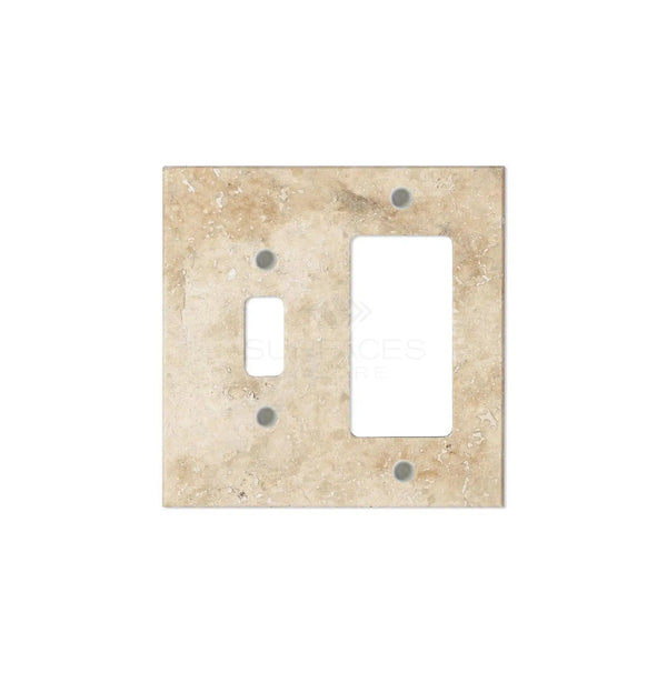 Authentic travertine switch plate covers: This walnut travertine switch and outlet cover plate from SurfacesGalore features one toggle switch slot and one rectangular rocker outlet slot, showcasing the beauty of natural stone.