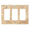 Walnut travertine triple rocker switch plate covers with a polished texture and rounded corners, crafted from 100% authentic marble by SurfacesGalore.