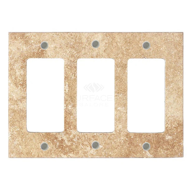 Walnut travertine triple rocker switch plate covers with a polished texture and rounded corners, crafted from 100% authentic marble by SurfacesGalore.