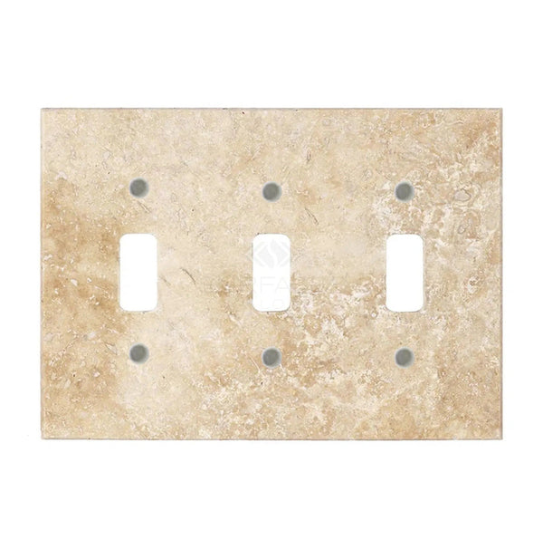 The Walnut Travertine Triple Toggle Plate Switch Wall Plate from SurfacesGalore features three rectangular switch slots and six screw holes, offering the appearance of an authentic marble wall plate.