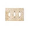 Walnut Travertine Triple TOGGLE Plate from SurfacesGalore, crafted from authentic travertine for a sophisticated look, featuring three toggle openings on a white background.